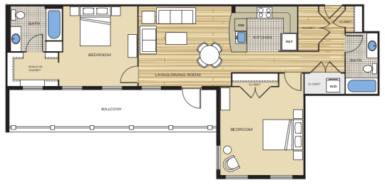 2 Bed2 Bath 954sf Floor Plan at Clayborne Apartments, Alexandria, 22314