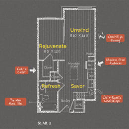 Studio 1 bathroom floor plan D at The Maxwell Apartments, Virginia, 22203
