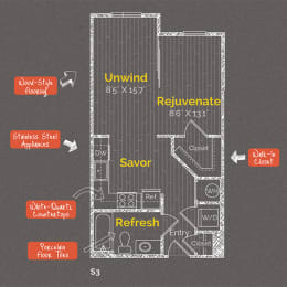 Studio 1 bathroom floor plan E at The Maxwell Apartments, Virginia