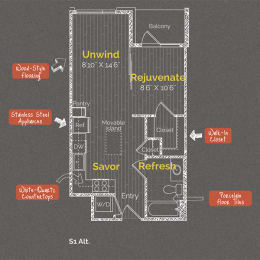 Studio 1 bathroom floor plan C at The Maxwell Apartments, Arlington, VA, 22203