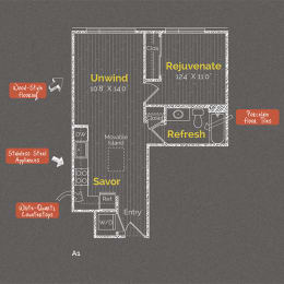1 bedroom 1 bathroom Floor plan Z at The Maxwell Apartments, Arlington, VA