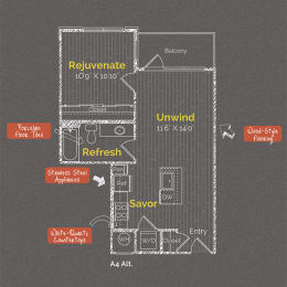 1 bedroom 1 bathroom Floor plan X at The Maxwell Apartments, Arlington, VA, 22203