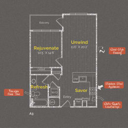 1 bedroom 1 bathroom Floor plan B at The Maxwell Apartments, Arlington, VA, 22203
