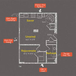 1 bedroom 1 bathroom Floor plan J at The Maxwell Apartments, Arlington, VA, 22203
