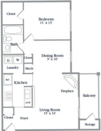 1 Bed 1 Bath Floor Plan at Elme Germantown, Maryland, 20876