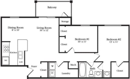2 Bed 1 Bath Floor Plan at Elme Germantown, Germantown, MD, 20876