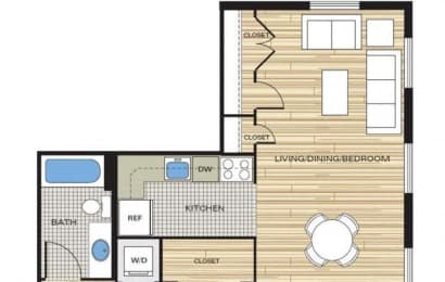 Efficiency 498sf Floor Plan at Clayborne Apartments, Alexandria, VA, 22314