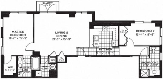2 bedroom 2 bathroom Floor plan H at Yale West, Washington, DC