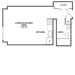 Studio 1 bath floor plan at Riverside Apartments, Virginia, 22303