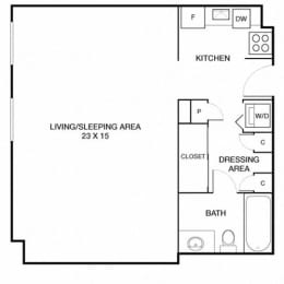 Studio 1 bath floor plan E at Riverside Apartments, Alexandria