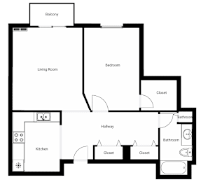 A floor plan of a house with a living room, bedroom, kitchen, and bathrooms.