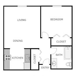 A simple black and white floor plan of a small apartment.