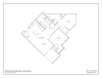 A black and white image of a floor plan for Madison & Main Apartments.