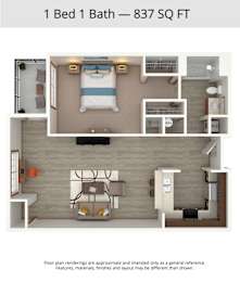 A floor plan of a 1 Bed 1 Bath apartment is 837 square feet.