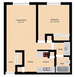 A floor plan of a small apartment with a living room, dining area, kitchen, bathroom, and two bedrooms.