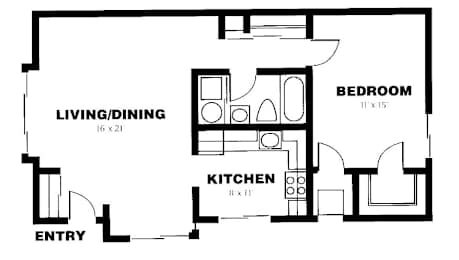 A black and white image of a floor plan for a small apartment.