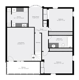 A black and white image of a floor plan for a house with a kitchen, living room, dining room, and two bedrooms.