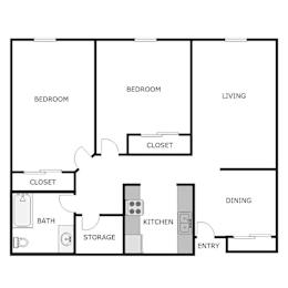 A floor plan of a house with three bedrooms, a living room, a dining room, a kitchen, a bathroom, and storage.