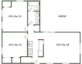 A floor plan of a house with a patio and three bedrooms.