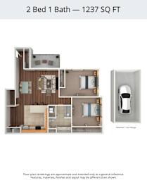 A floor plan of a 2 Bed 1 Bath apartment is 1237 square feet.
