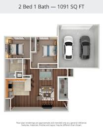 A 2 Bed 1 Bath apartment is 1091 square feet.
