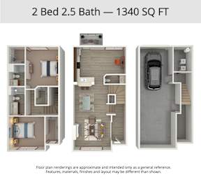 A 2 Bedroom 2.5 Bathroom apartment is 1340 square feet.