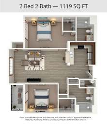 A floor plan of a 2 Bed 2 Bath apartment is 1119 square feet.