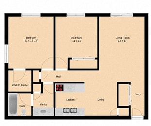 A floor plan of a house with two bedrooms, a living room, a hall, a kitchen, a dining area, a bathroom, a walk-in closet, and a vanity.