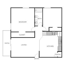 A floor plan of a house with a bedroom, bath, closet, living room, kitchen, pantry, and patio.