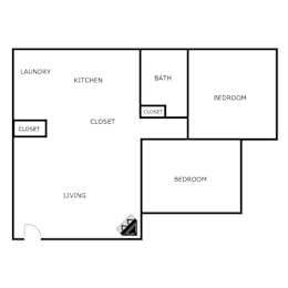 A floor plan of a house with a laundry room, kitchen, bathroom, and bedrooms.