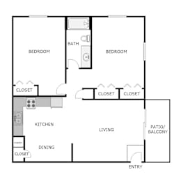 A black and white image of a house floor plan with two bedrooms, a living room, a kitchen, a dining area, and three closets.