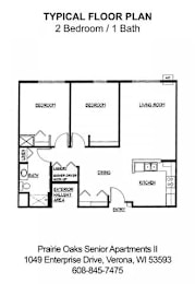 A floor plan for a 2 bedroom apartment with 1 bath.