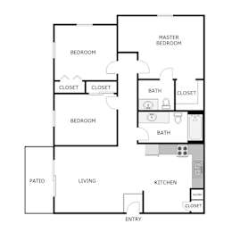 A floor plan of a house with two bedrooms, a living room, a kitchen, a bathroom, and a patio.
