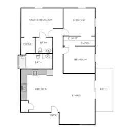 A floor plan of a house with a master bedroom, two bathrooms, a kitchen, a living room, and a patio.