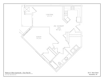 A floor plan for Madison & Main Apartments shows a living room, a dining room, and two bedrooms.