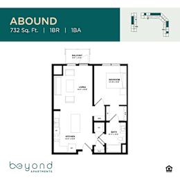 A floor plan for an apartment at ABOUND shows a living room, bedroom, kitchen, and bathroom.