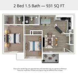 A floor plan of a 2 bedroom, 1.5 bathroom apartment is 931 square feet.