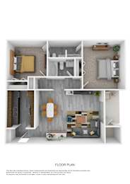 A floor plan of a small apartment with a living room, kitchen, and two bedrooms.