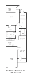 A floor plan of a one bedroom apartment with den is shown.