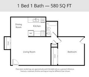 A floor plan for a 1 Bed 1 Bath apartment sized at 580 square feet.