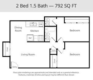 A floor plan of a 2 Bed 1.5 Bath apartment is 792 square feet.