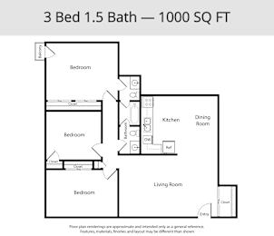 A floor plan for a 3 Bed 1.5 Bath - 1000 SQ FT.