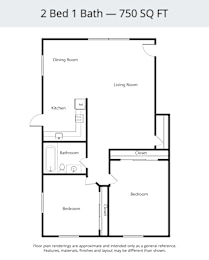 A floor plan of a 2 Bed 1 Bath - 750 SQ FT.