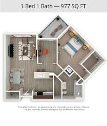 A floor plan of a 1 Bed 1 Bath apartment is 977 square feet.