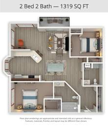 A 2 Bed 2 Bath apartment is 1319 square feet.