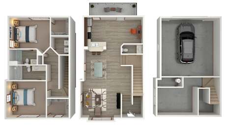 Three different floor plans of a house are shown.
