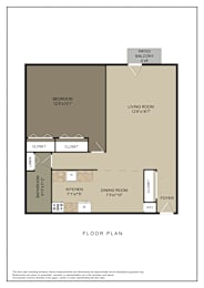 A floor plan of a house with a living room, dining room, kitchen, bathroom, bedroom, and closets.