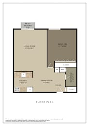 A floor plan of a living space with a living room, dining room, kitchen, and bedroom.