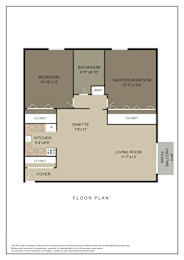 A floor plan of a house with a living room, two bedrooms, a bathroom, a kitchen, a foyer, and two closets.