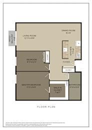 A floor plan of a house with a living room, dining room, kitchen, and three bedrooms.